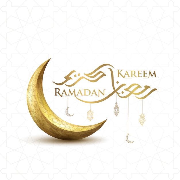 Islamisches grußhalbmond-symbol ramadan kareem und arabische laterne mit moderner arabischer kalligraphie