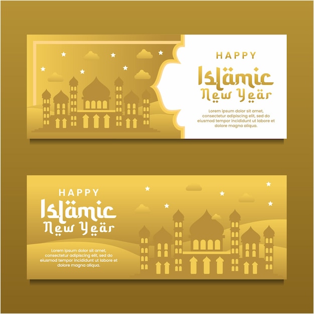 Islamisches neues jahr mit goldener moscheefahnenhintergrund-designschablone