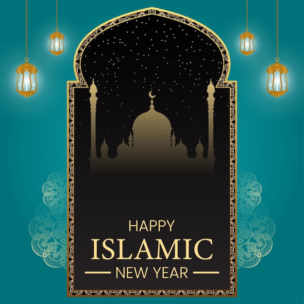 Islamisches Neujahrspostdesign mit Lampe und Moschee-Vektordatei