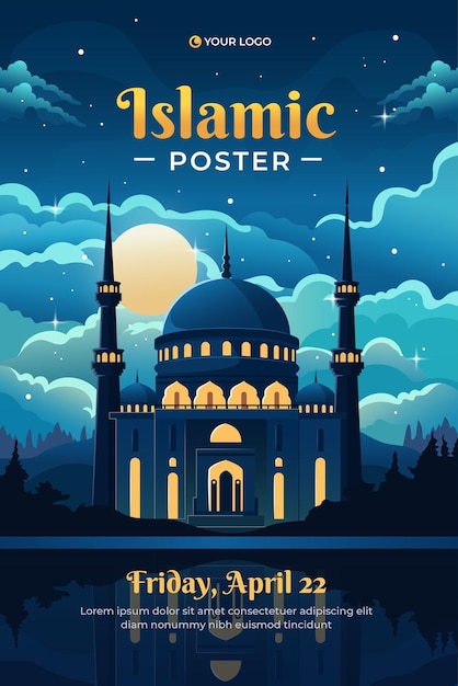 Vektor islamisches poster mit moschee und schönem himmel für flyer social-media-geschichte und druckvorlage