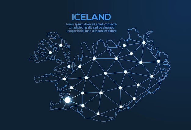 Island-kommunikationsnetzkarte vektor-low-poly-bild einer weltkarte mit lichtern in form von städten karte in form einer konstellation stumm und sterne