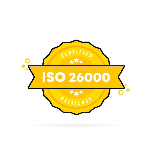 Iso 26000-stempel. vektor. iso 26000-abzeichensymbol. zertifiziertes abzeichenlogo. stempelvorlage. etikett, aufkleber, symbole. vektor-eps 10. getrennt auf weißem hintergrund.