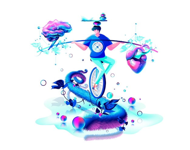 isolierte abstrakte moderne bunte Illustration. Mann Zirkusartist reitet Einrad auf Seil Balance in Hand Gleichgewicht Gegengewicht zwischen Herz und Gehirn Geist Perpetual Motion Machine