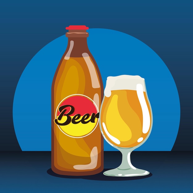 Isolierte Bierflasche und Glas mit Schaum Vektorillustration
