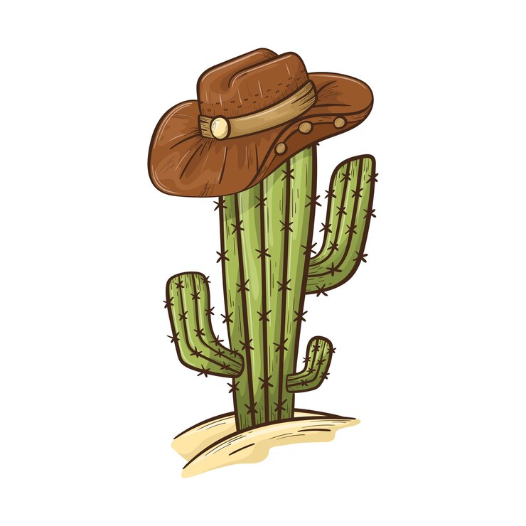 Isolierte Doodle-Illustration von Kakteen in der Wüste mit Sand-Cowboy-Hut mit breiter Krempe
