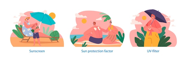 Isolierte Elemente mit Zeichen tragen Sonnenschutzmittel auf, tragen einen Hut und verwenden Regenschirme, um sich zu schützen. Vektorillustration