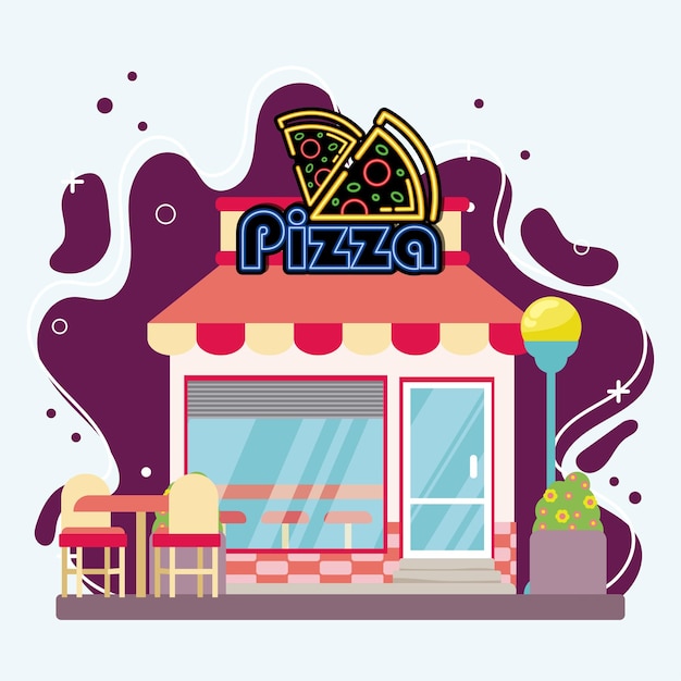 Vektor isolierte farbige retro-pizzeria-gebäude-skizzen-ikonen vektor-illustration