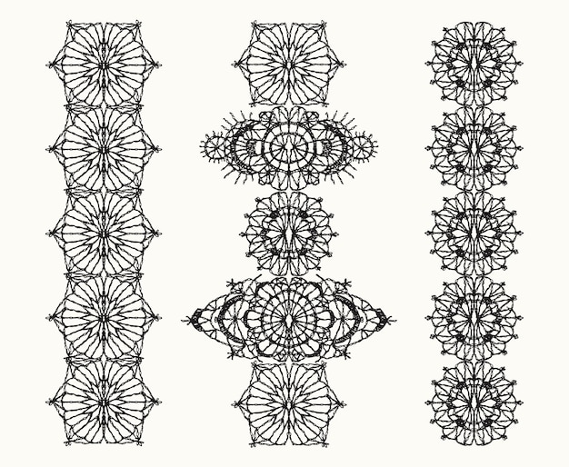 Vektor isolierte gehäkelte spitzenbordüre mit einem durchbrochenen muster satz isolierter gestrickter spitzenbordüren