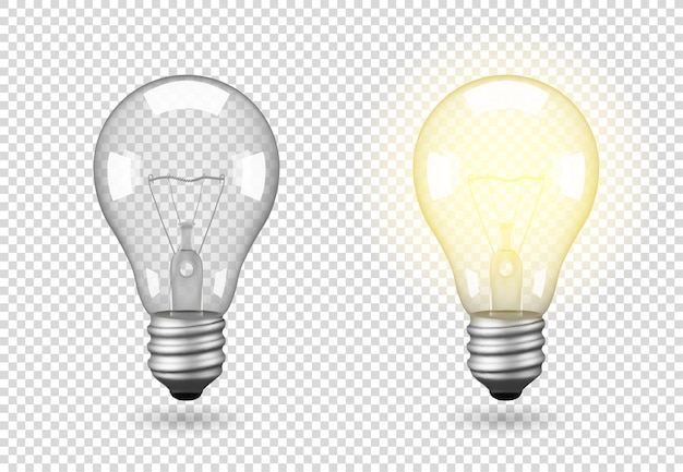 Isolierte Glühbirne, Objekt auf transparentem Hintergrund, die Wirkung von Licht und Glühen. Realistisches 3D-Objekt, Symbol für Kreativität und Ideen. Konzept für Unternehmen oder Startup.