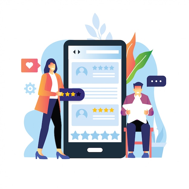 isolierte Illustration von Mann- und Mädchencharakteren mit Smartphone, die Sterne, Rückmeldung und Bewertung auf Website geben. Online-Überprüfungskonzept. Flache Illustration auf weißem Hintergrund