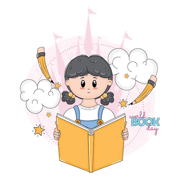 Isolierte Mädchenkarikatur mit einem Buch Vektor zum Welttag des Buches