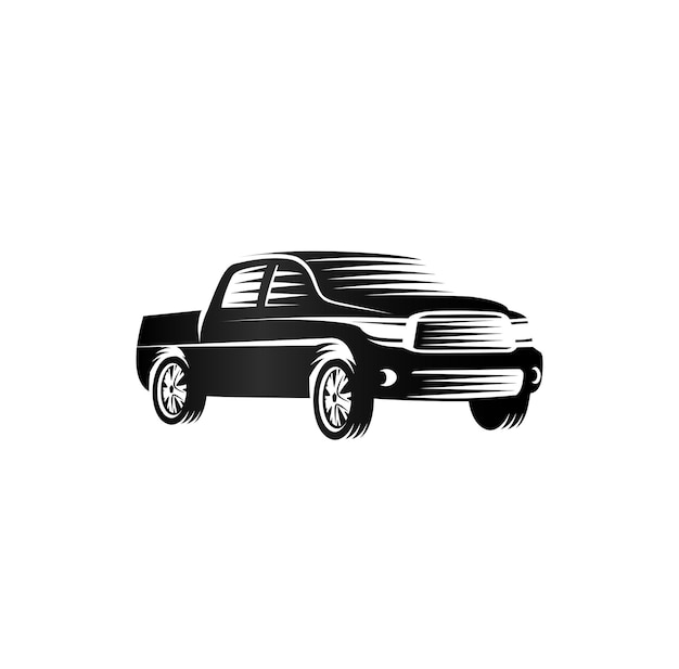 Isolierte monochrome Gravur Stil Pickup Trucks Logo Autos Logo schwarz Farbe Automobil Fahrzeug Vektor Illustration