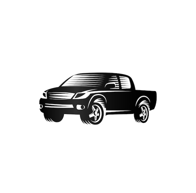 Isolierte monochrome Gravur Stil Pickup Trucks Logo Autos Logo schwarz Farbe Automobil Fahrzeug Vektor Illustration