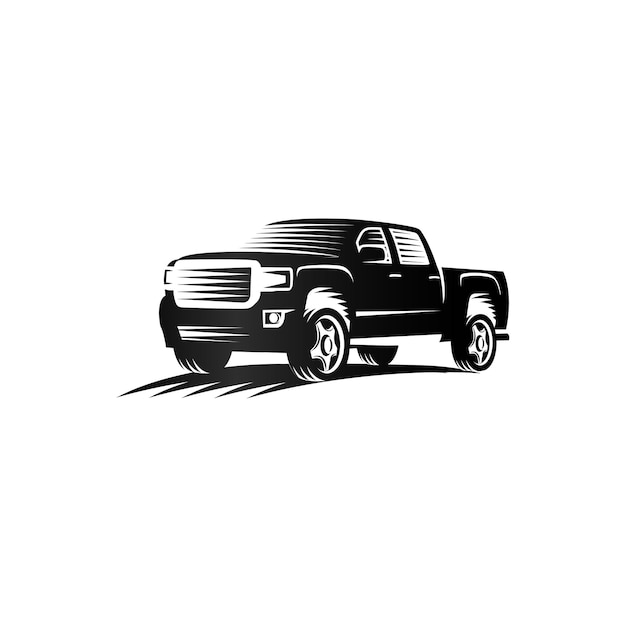Isolierte monochrome Gravur Stil Pickup Trucks Logo Autos Logo schwarz Farbe Automobil Fahrzeug Vektor Illustration