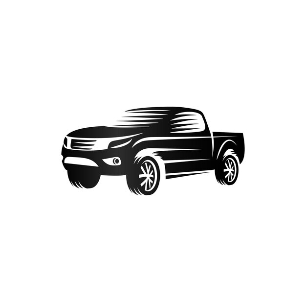Isolierte monochrome Gravur Stil Pickup Trucks Logo Autos Logo schwarz Farbe Automobil Fahrzeug Vektor Illustration