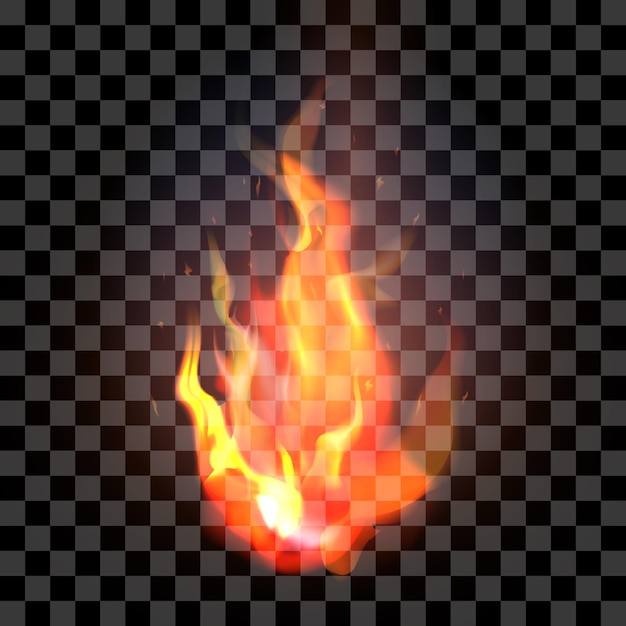 Isolierte realistische orangefarbene und rote Feuerflamme auf einem transparenten Ba