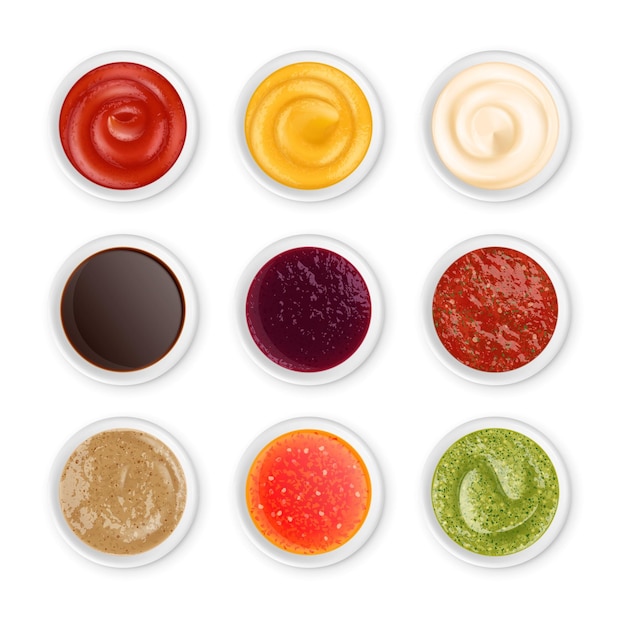 Isolierte realistische Soßen Top View in weißen Schüsseln Soße Gewürze Dipps oder Dressings für Gerichte Pesto Ketchup und Mayonnaise Pithy Vector Set
