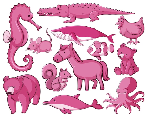 Isolierte reihe von vielen tieren in rosa
