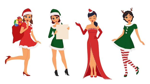 Isolierte sammlung weiblicher charaktere - frauen in weihnachtskostümen, hüten und haarband