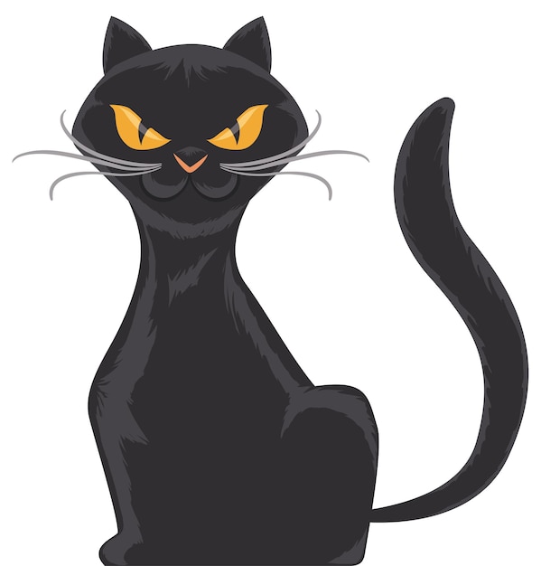 Isolierte schwarze und schlanke Katze mit verdrehten Schnurrhaaren und schelmischer Haltung isoliert auf weißem Hintergrund