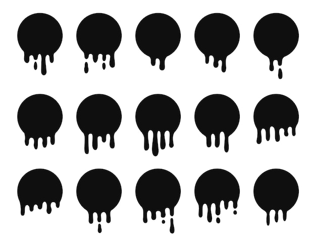 Isolierte tropfende Farbe Tropfen schmelzende Blobs kreisen flüssige Banner Soße fließt Tinte fallende Aufkleber Verkauf Aufkleber schwarze Silhouetten anständiges Vektor-Kit