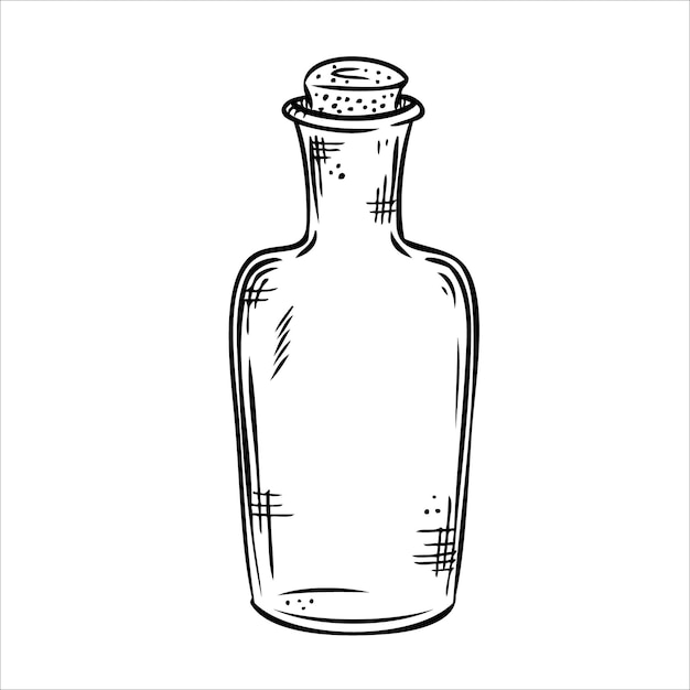 Isolierte vektor-flasche strichzeichnungen leeres transparentes glasfläschchen flaschenglas