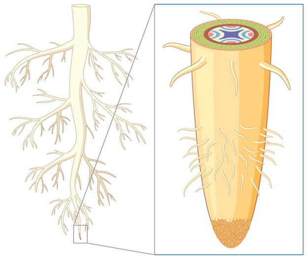 Isolierte wurzel der pflanzenstruktur und anatomie