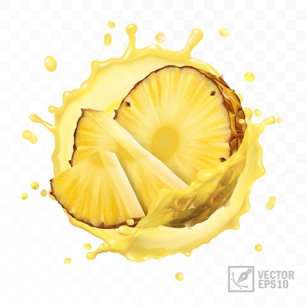 Vektor isolierter vektor-satz von ananas mit saft-splash-schnitten in ananassaft und ananasstücken