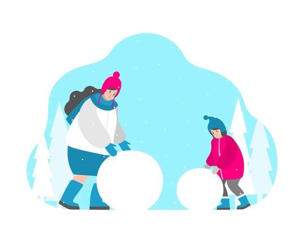 isoliertes Illustrationskonzept. Mutter und lächelndes Mädchen rollen Ball, um Schneemann zu formen