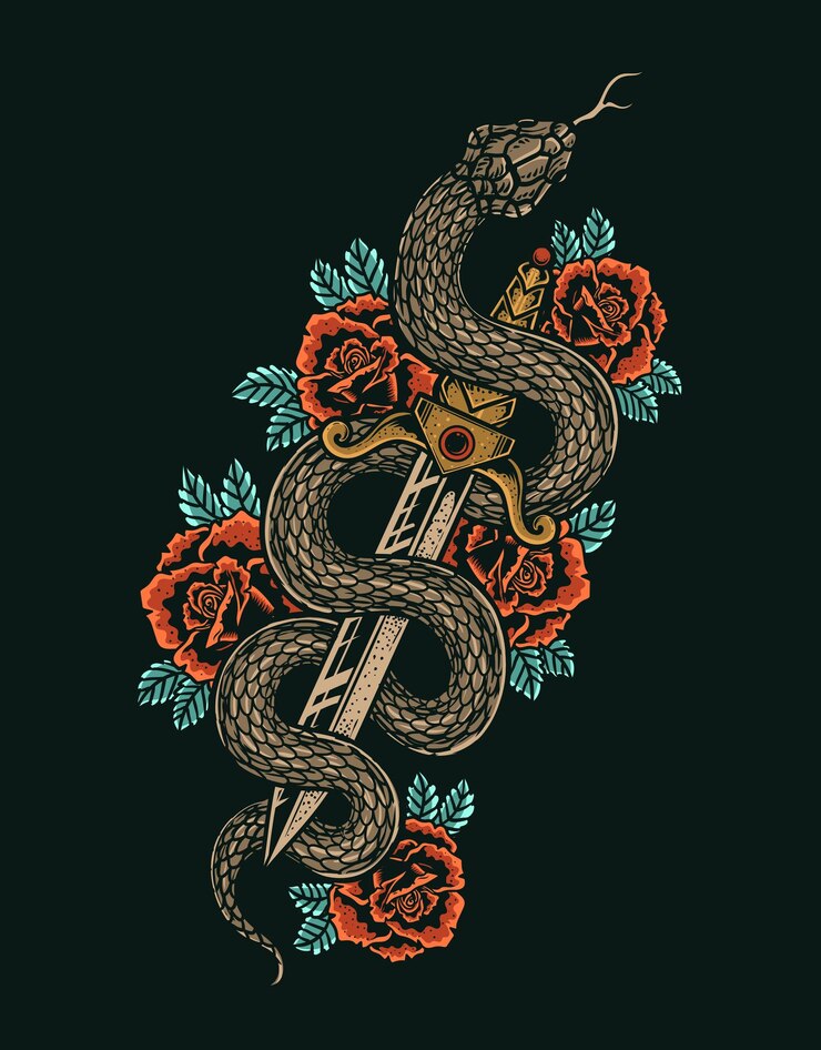 Vektor isoliertes messer mit rose und schlange romantisches fleischkunstfestival poster rock and roll musik-bezogenes zeichen vektor-illustration