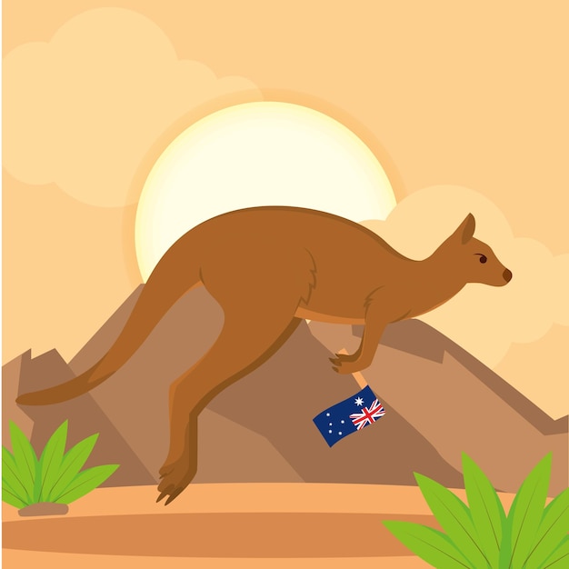Isoliertes süßes känguru mit einer flagge australiens. vektorillustration