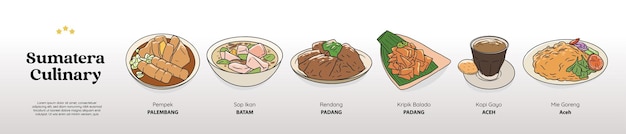 Isoliertes sumatra kulinarisches lebensmittelbündel handgezeichneter illustrationsvektor der traditionellen küche
