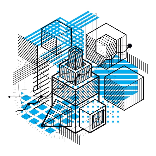 Isometric abstract background with lines and other different elements, vector abstract template. Composition of cubes, hexagons, squares, rectangles and different abstract elements.