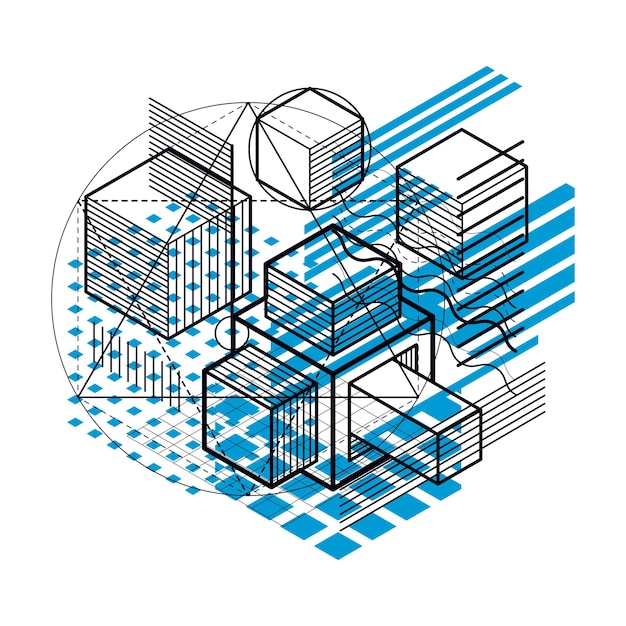 Isometric abstraction with lines and different elements, vector abstract background. Composition of cubes, hexagons, squares, rectangles and different abstract elements.