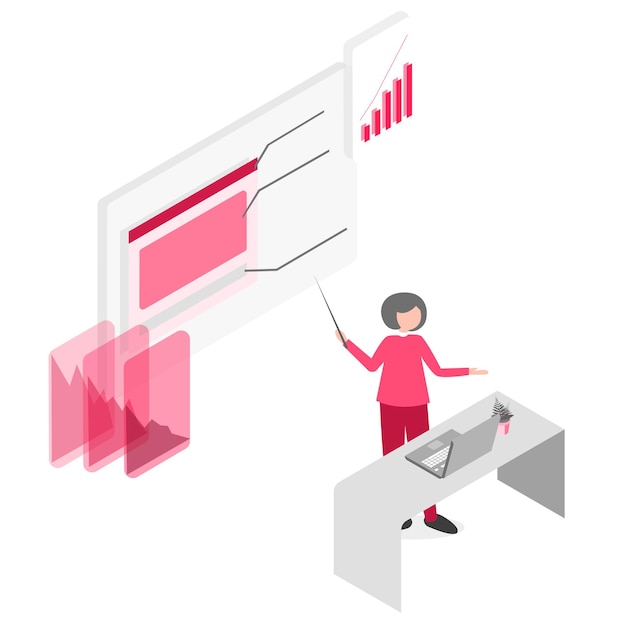 Vektor isometrische 3d-darstellung die frau zeigt auf ein diagramm, das wächst
