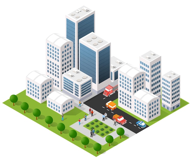 Isometrische 3d-illustration stadtstadtgebiet mit vielen häusern und wolkenkratzern