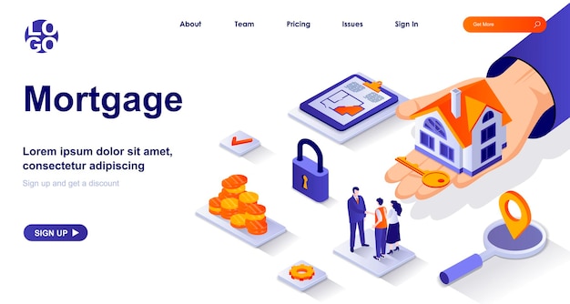 Isometrische 3d-isometrische landingpage der hypothek mit personenzeichen
