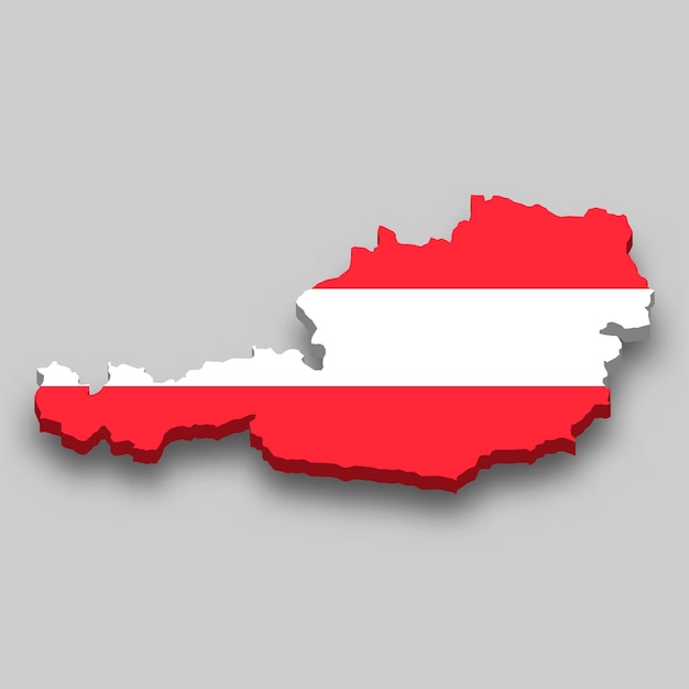 Isometrische 3d-karte von österreich mit nationalflagge.