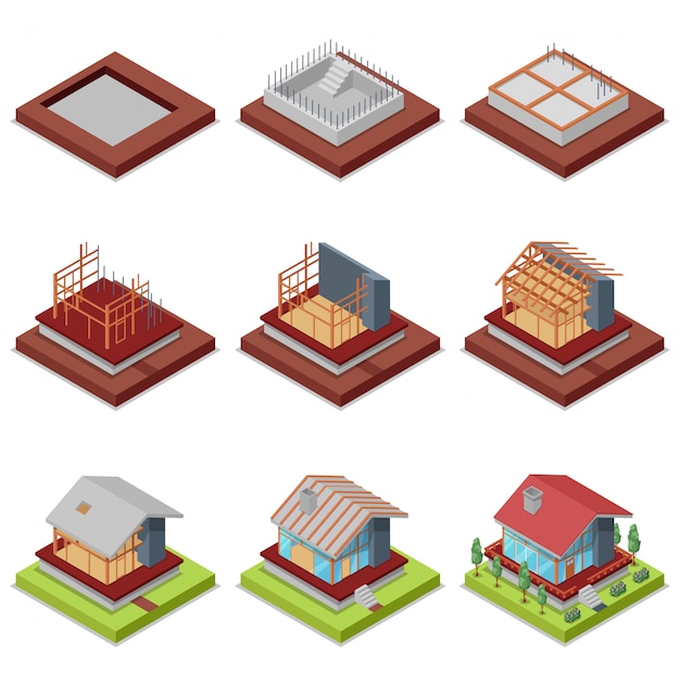 Isometrische 3D-Set Bauphasen des Hauses