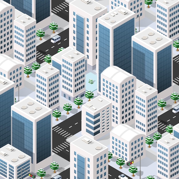 Isometrische 3d-straße im stadtzentrum gelegener architekturbezirk teil der stadt mit straßengebäuden im freien.