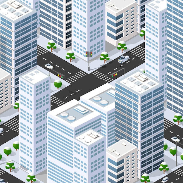 Isometrische 3d-straße im stadtzentrum gelegener architekturbezirk teil der stadt mit straßengebäuden im freien.