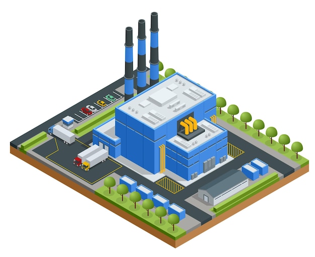Isometrische Abfallverarbeitungsanlage Technologischer Prozess LKW, der Müll zur Recyclinganlage transportiert Produktion neuer Waren aus recycelten Materialien