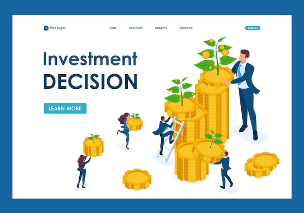 Isometrische Anlagelösungen für Einkommenswachstum. Kleine Triebe wachsen zu großen Vorlagen-Landingpages heran