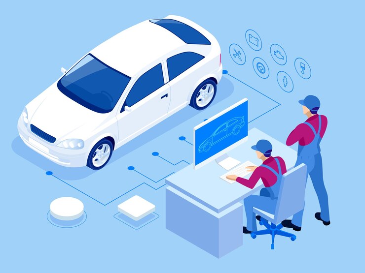 Isometrische Autoreparaturwerkstatt Arbeiter im Autoservice Reifenservice und Autoreparaturvektorillustration