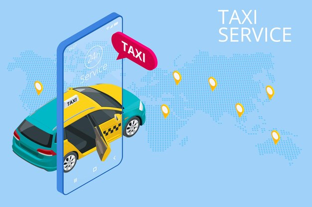 Isometrische Bestellung von Online-Taxi und Rufen Sie ein Taxi online mobiles Anwendungskonzept für Landing Page Straßenverkehr Parken Stadtverkehr GPS-Routenpunkt-Pins auf Smartphone und Touchscreen