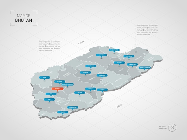 Isometrische bhutan karte. stilisierte kartenillustration mit städten, grenzen, hauptstadt, verwaltungsgliedern und zeigern; verlaufshintergrund mit gitter.