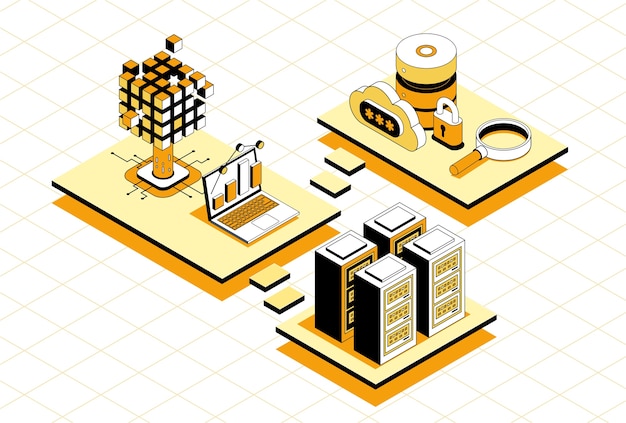 Isometrische Big-Data-Multistore-Illustration