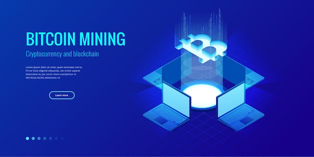 Isometrische Bitcoin BIT Kryptowährungs-Mining-Farm. Blockchain-Technologie, Kryptowährung und ein digitales Zahlungsnetzwerk für Finanztransaktionen. Abstrakter blauer Hintergrund.