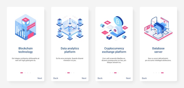 Isometrische Blockchain, 3D-Kryptowährung UX, Benutzeroberfläche Onboarding Mobile App Page Screen Set