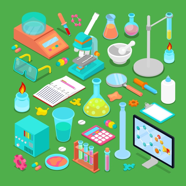 Isometrische chemische forschungselemente mit atom, waage, toxischer chemie und mikroskop. illustration